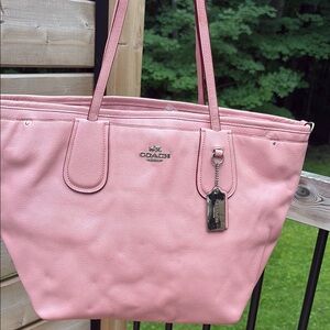 Coach Pink Pebbled Leather Tote with Signature Logo